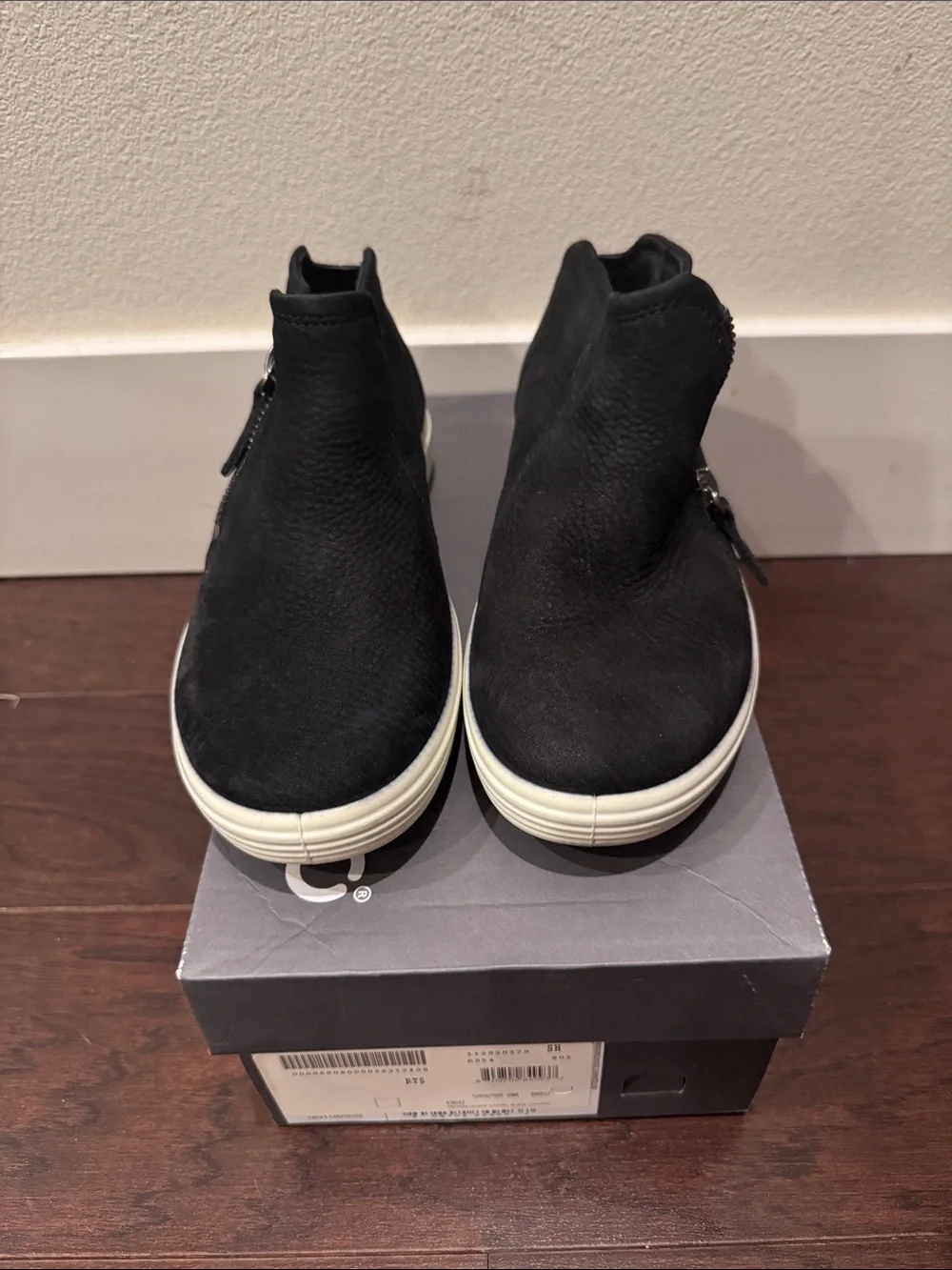 Ecco Black Suede Ankle Booties with White Sole